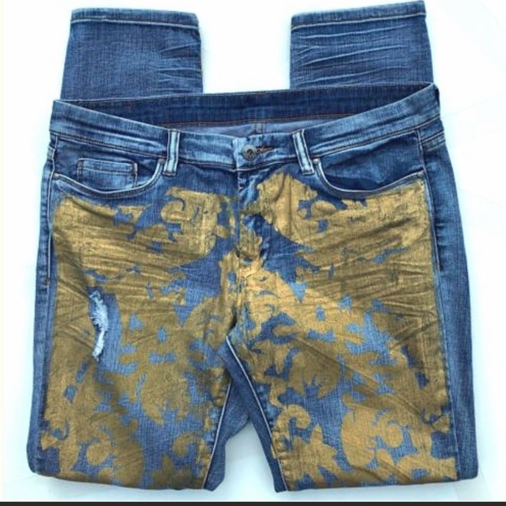 Blank NYC Skinny Jeans Distressed Gold Painted 34